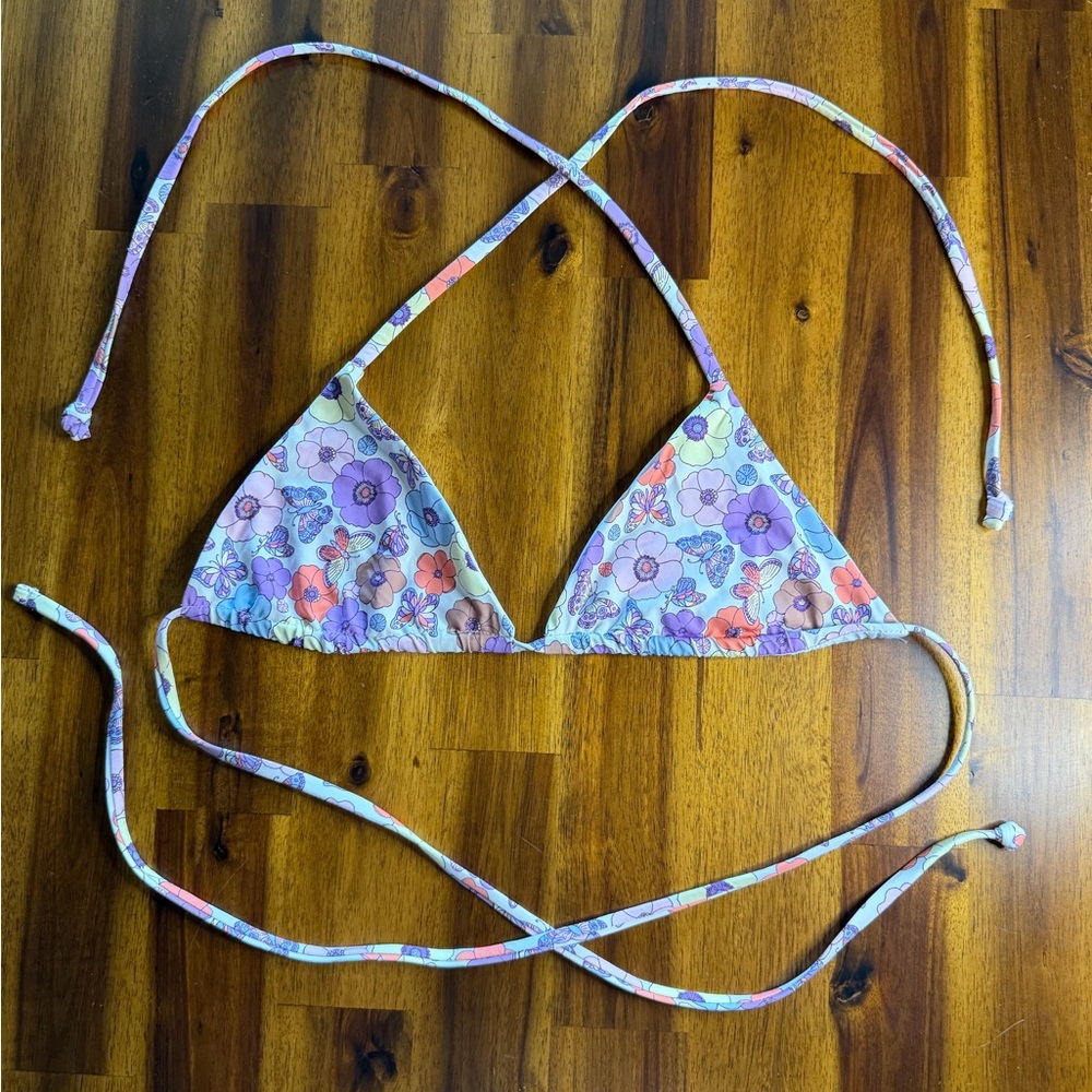 Frankie’s Bikinis Floral & Butterfly Multicolor Rainbow Triangle Bikini Top